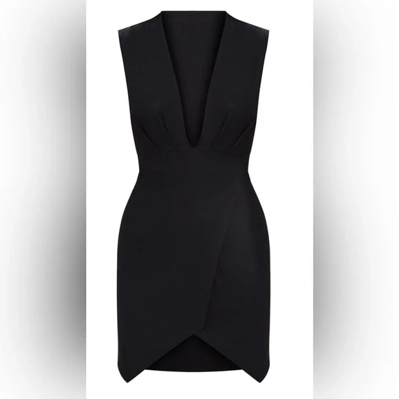 PrettyLittleThing Black Plunge Pointy Hem Wrap Bodycon Dress - size 0 (XS) - Picture 3 of 8
